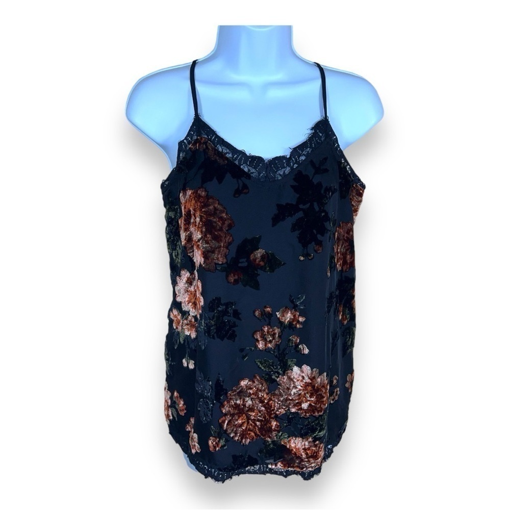 SMALL BLACK FLORAL TANK SLEEVELESS LINED VELVET ACCENT